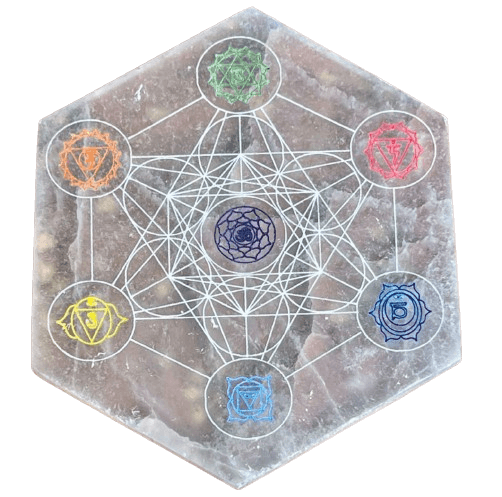 Placa de Selenita com Símbolo Metraton e Chakras | Cristal Energético | Decoração Esotérica