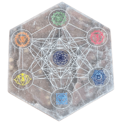 Placa de Selenita com Símbolo Metraton e Chakras | Cristal Energético | Decoração Esotérica