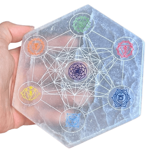 Placa de Selenita com Símbolo Metraton e Chakras | Cristal Energético | Decoração Esotérica