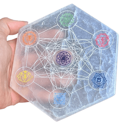 Placa de Selenita com Símbolo Metraton e Chakras | Cristal Energético | Decoração Esotérica